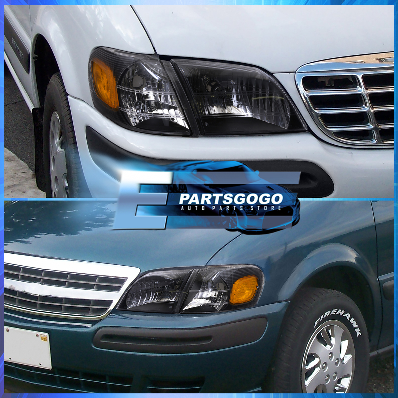 thumbnail image 2 of Black Housing Headlights + Amber Corner Lamps For 1997-2005 Chevy Venture - Set Of 2 2 of 3