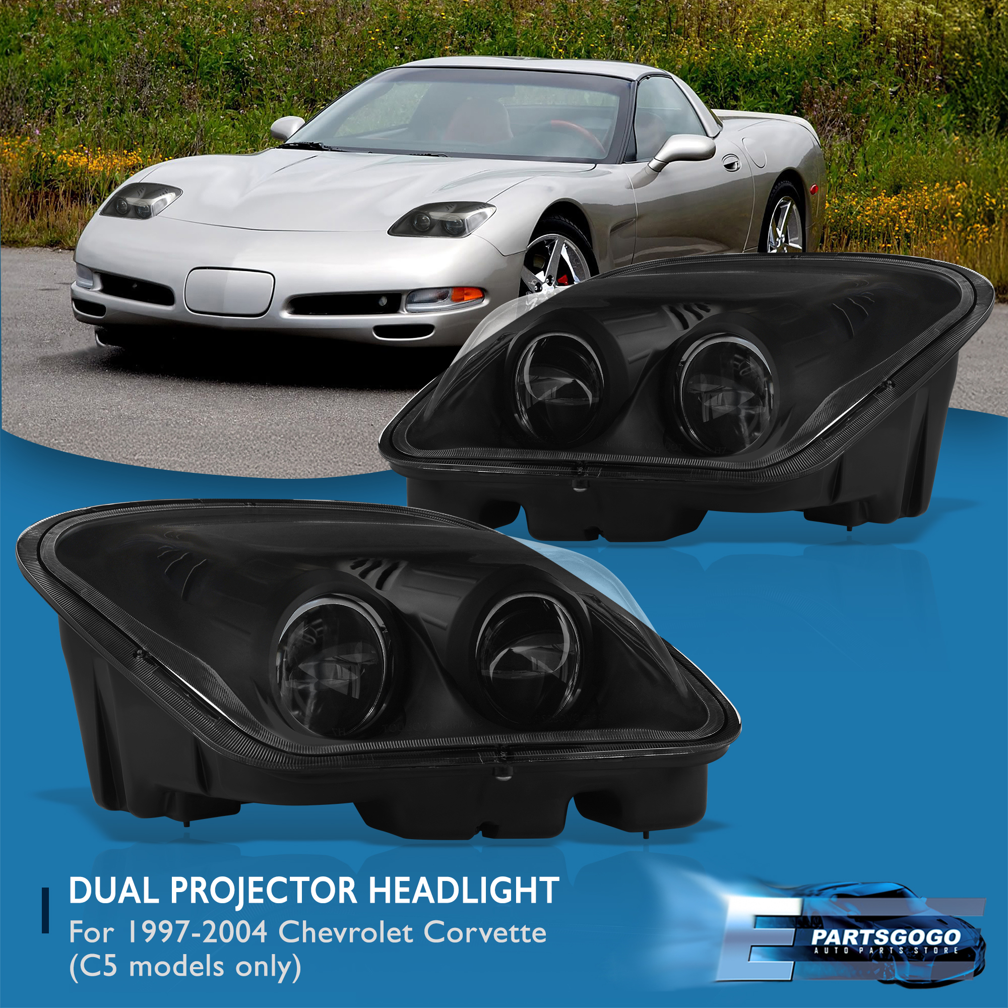 Jupiterauto C5 Black Projector Headlights For 1997-2004 Chevy Corvette – Halogen, Pair (Left+Right) - View #3
