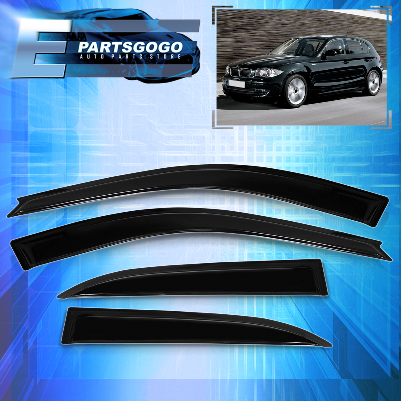 thumbnail interactive-video image 1 of Tinted Wind Deflectors For BMW 1 Series F20 5-Door 2011–2019 – 4Pc In-Channel Rain Guards, Gloss Black 1 of 3